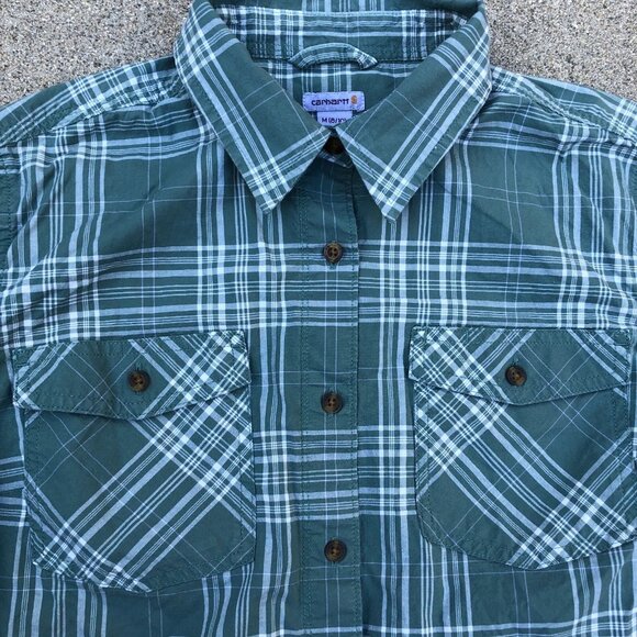 Vintage CARHARTT Button Up Shirt MEDIUM Women's Green Plaid Cotton Long Sleeve - Picture 3 of 10